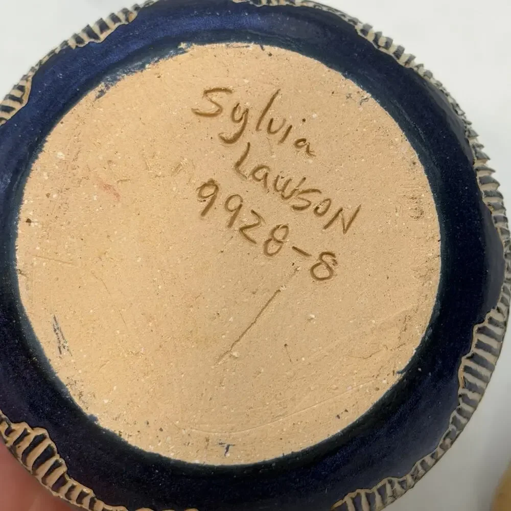 Sylvia Lawson NC Pottery Blue Sgrafitto Salt Cellar w Spoon Jar Pilot Mountain